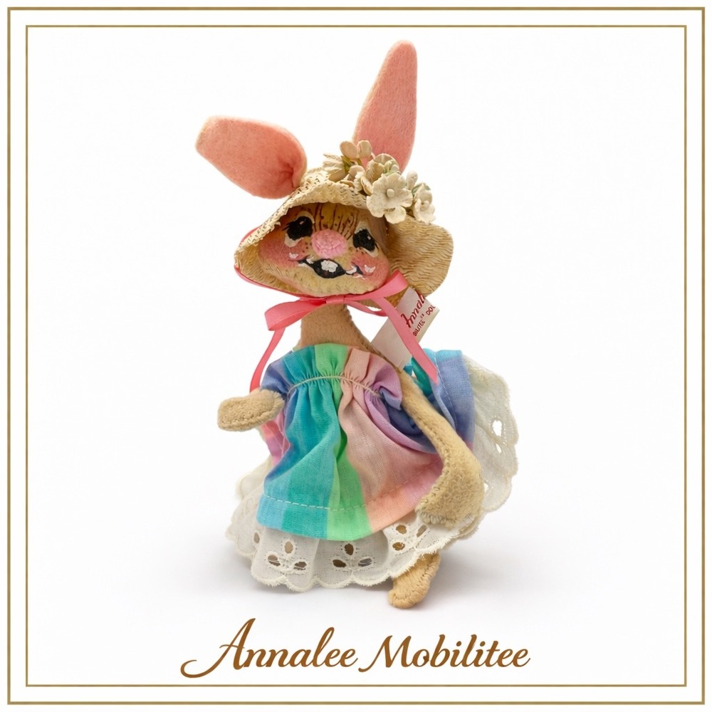 Annalee Mobilitee Vintage Easter Bunny Doll 7in Rainbow Dress Straw Hat 1976 USA